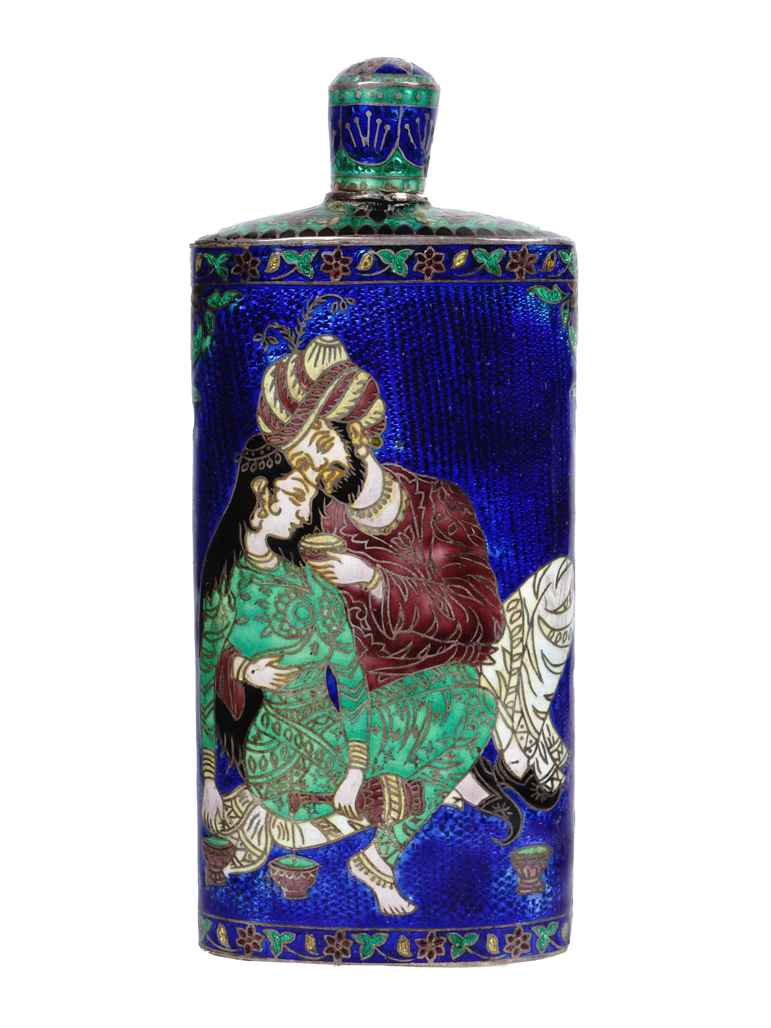 INDIAN SILVER AND ENAMEL FLASK W COURTING SCENE PIC-3
